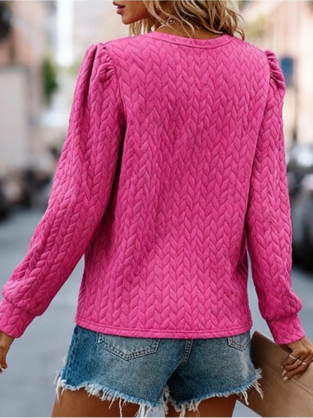 NWOT Miss Sparkling Hot Pink Textured Puff Sleeve Knit Sweater Womens Size Small - Picture 3 of 9